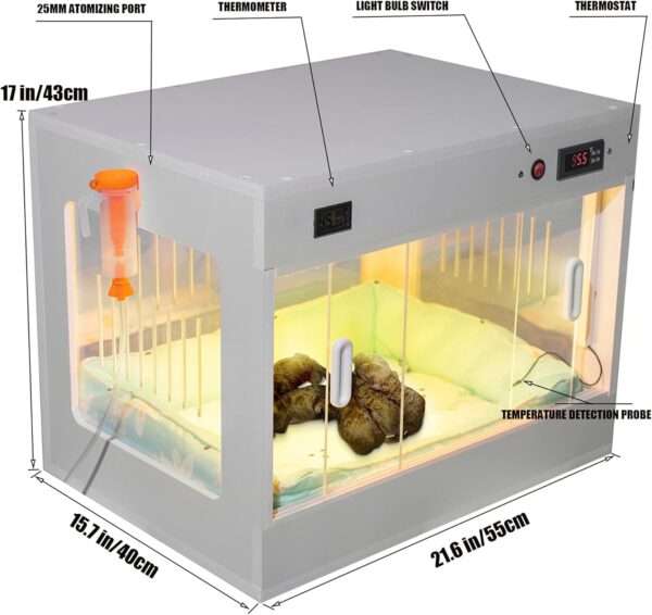 Incubadora neonatal inteligente para cachorros y gatitos, con caja calefactora y control de temperatura.