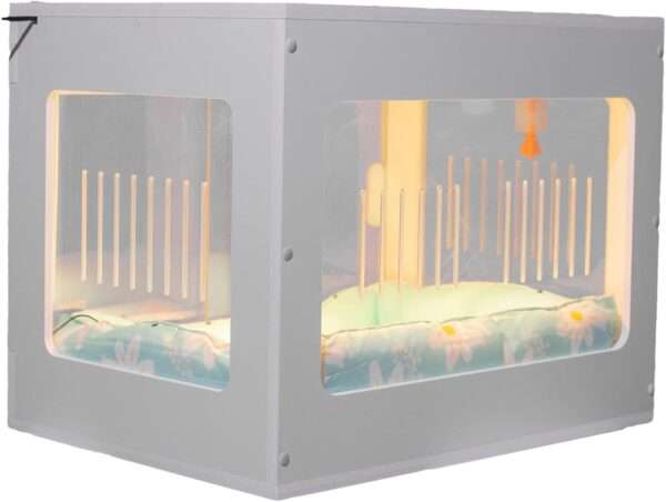 Incubadora neonatal inteligente para cachorros y gatitos, con caja calefactora y control de temperatura.