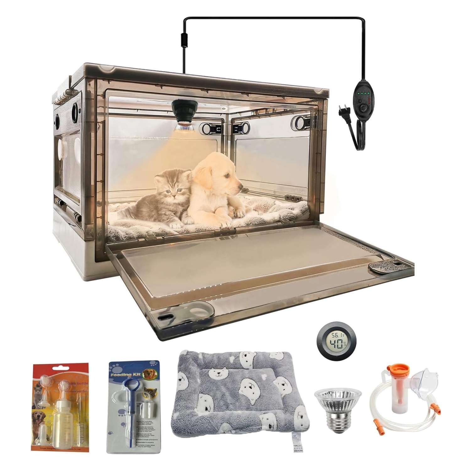 Incubadora neonatal con calefacción para cachorros y gatitos, incluye kit de crianza.