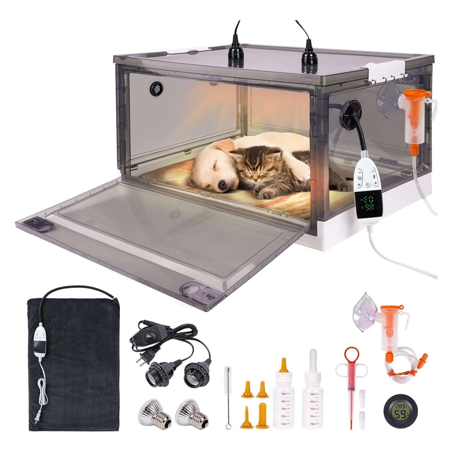 Incubadora plegable y transparente con lamparas de calefaccion para cachorros y gatitos recien nacidos.