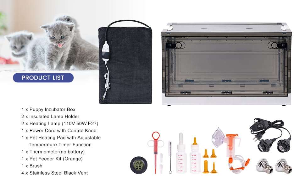 Incubadora plegable y transparente con lamparas de calefaccion para cachorros y gatitos recien nacidos.