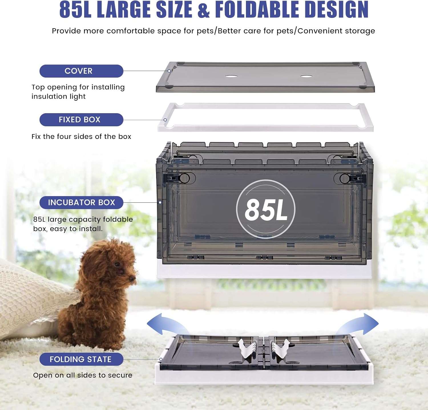 Incubadora plegable y transparente con lamparas de calefaccion para cachorros y gatitos recien nacidos.