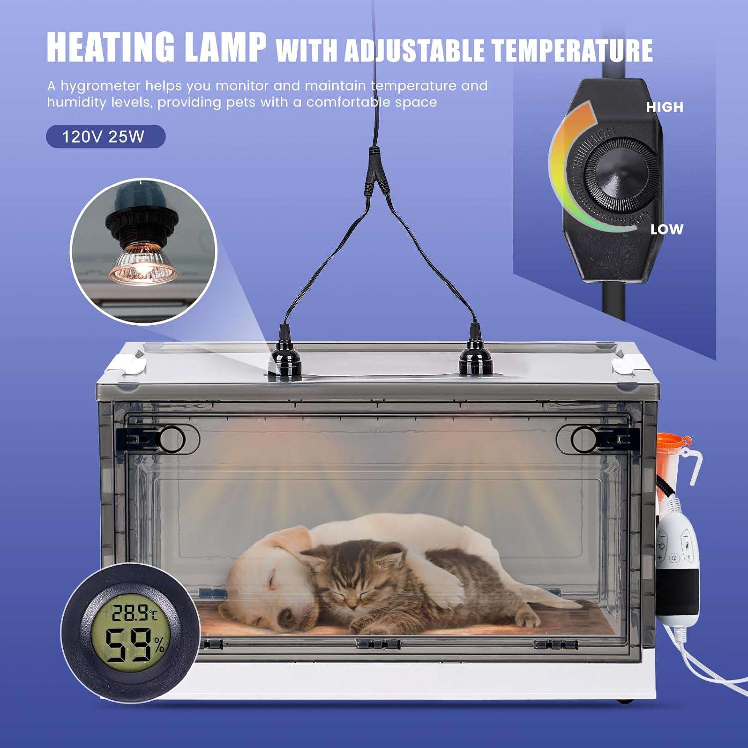 Incubadora plegable y transparente con lamparas de calefaccion para cachorros y gatitos recien nacidos.