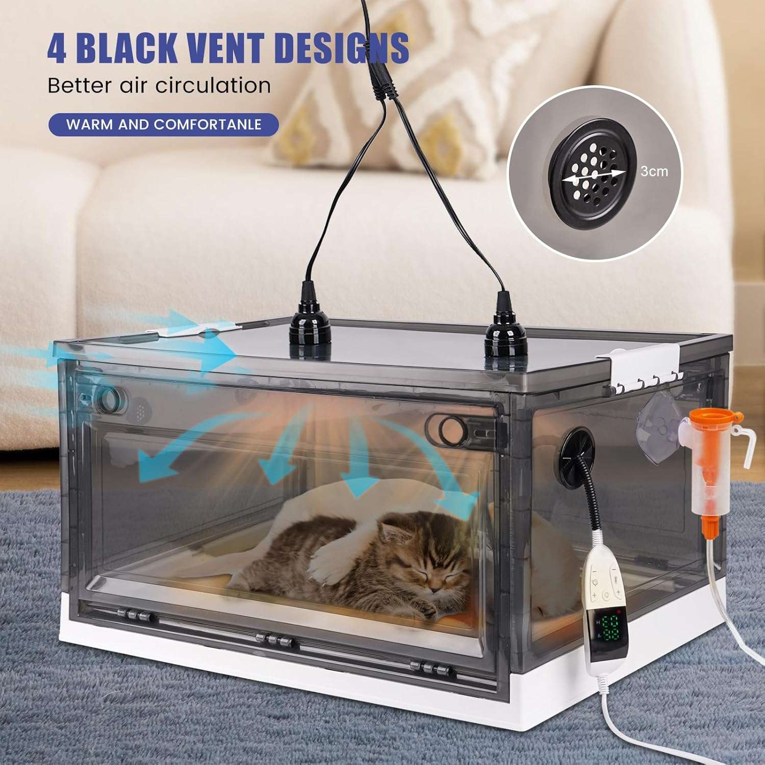 Incubadora plegable y transparente con lamparas de calefaccion para cachorros y gatitos recien nacidos.