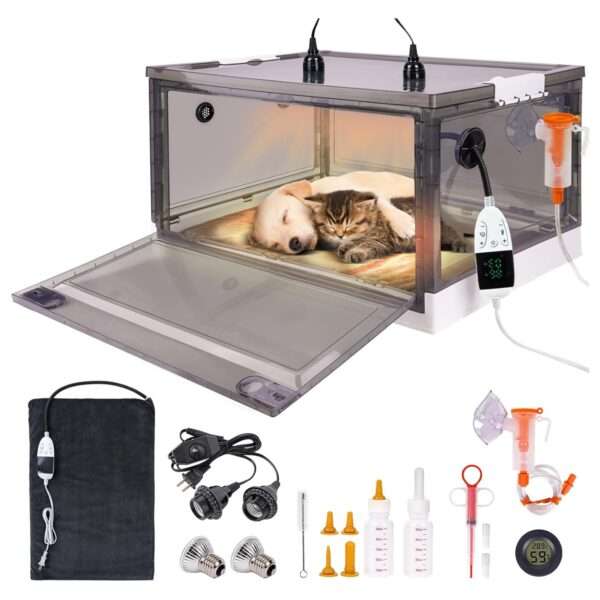 Incubadora neonatal con calefacción y oxigenador, incluye kit de parto para cachorros y gatitos.