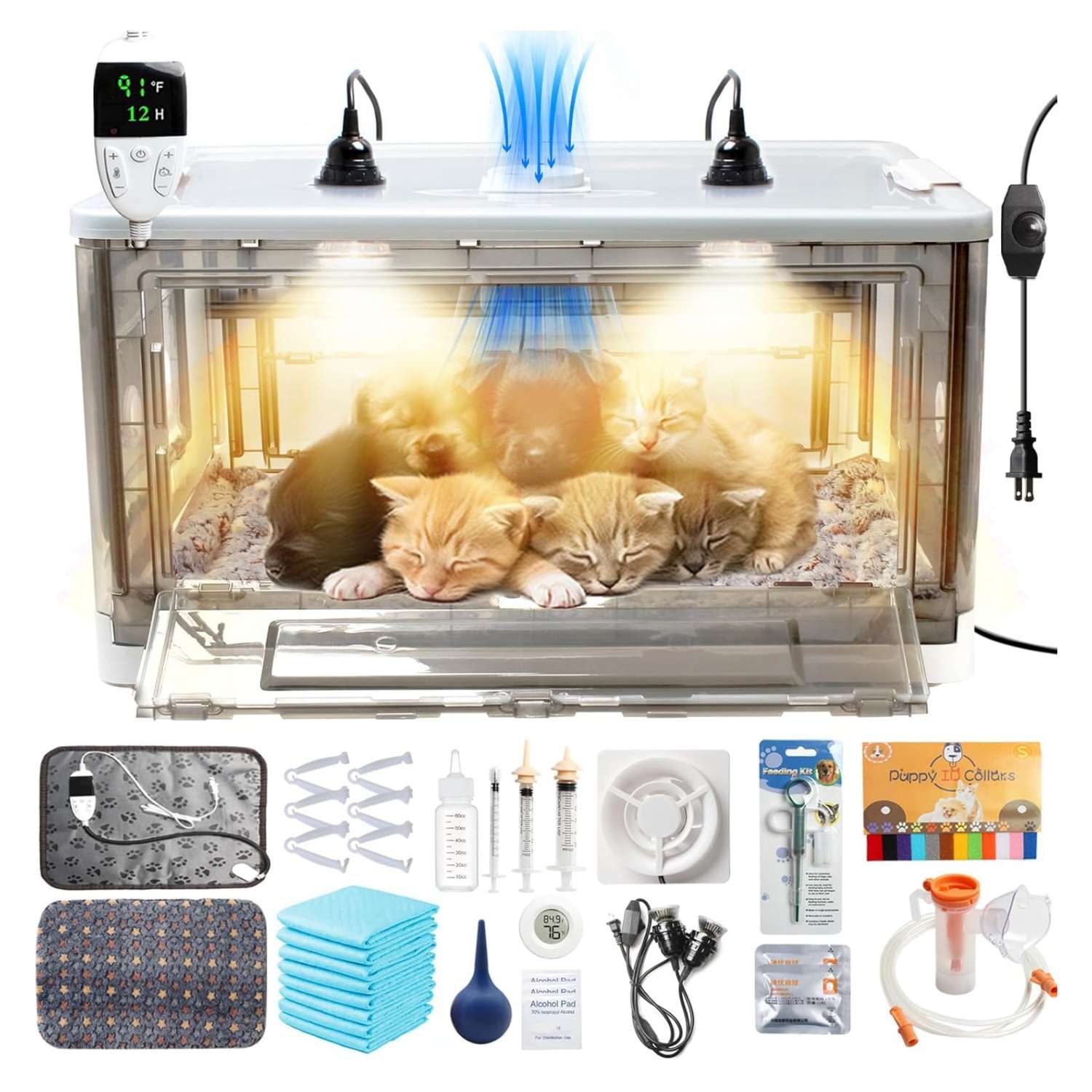 Incubadora para cachorros y gatitos con calefacción y ventilador.