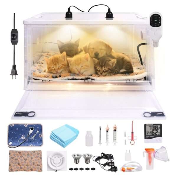 Incubadora neonatal con control de temperatura y ventilación para cachorros y gatitos.