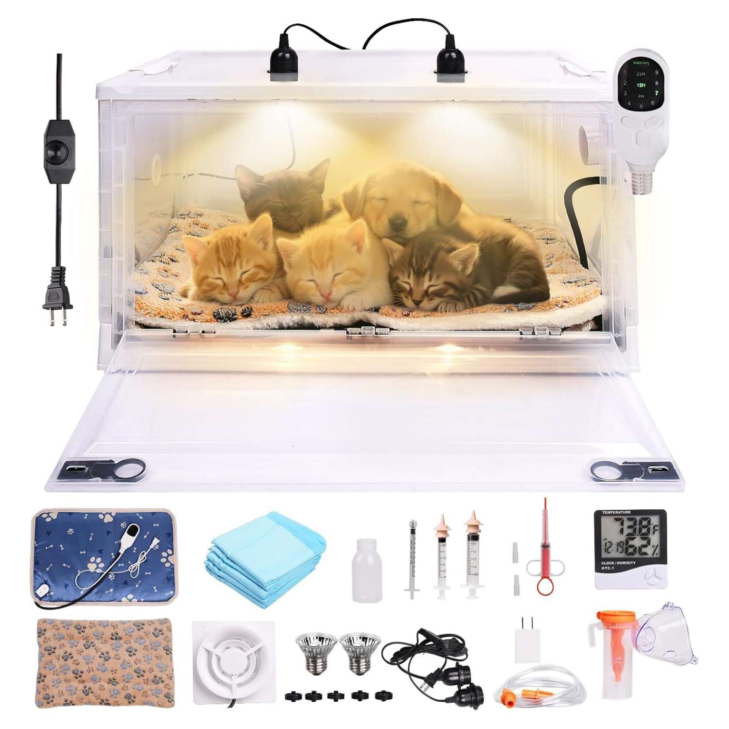 Incubadora neonatal con control de temperatura y ventilación para cachorros y gatitos.