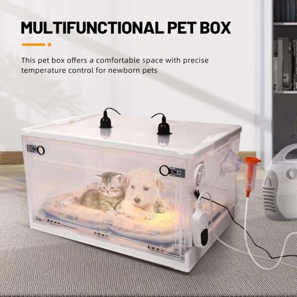 Incubadora neonatal con control de temperatura y ventilación para cachorros y gatitos.