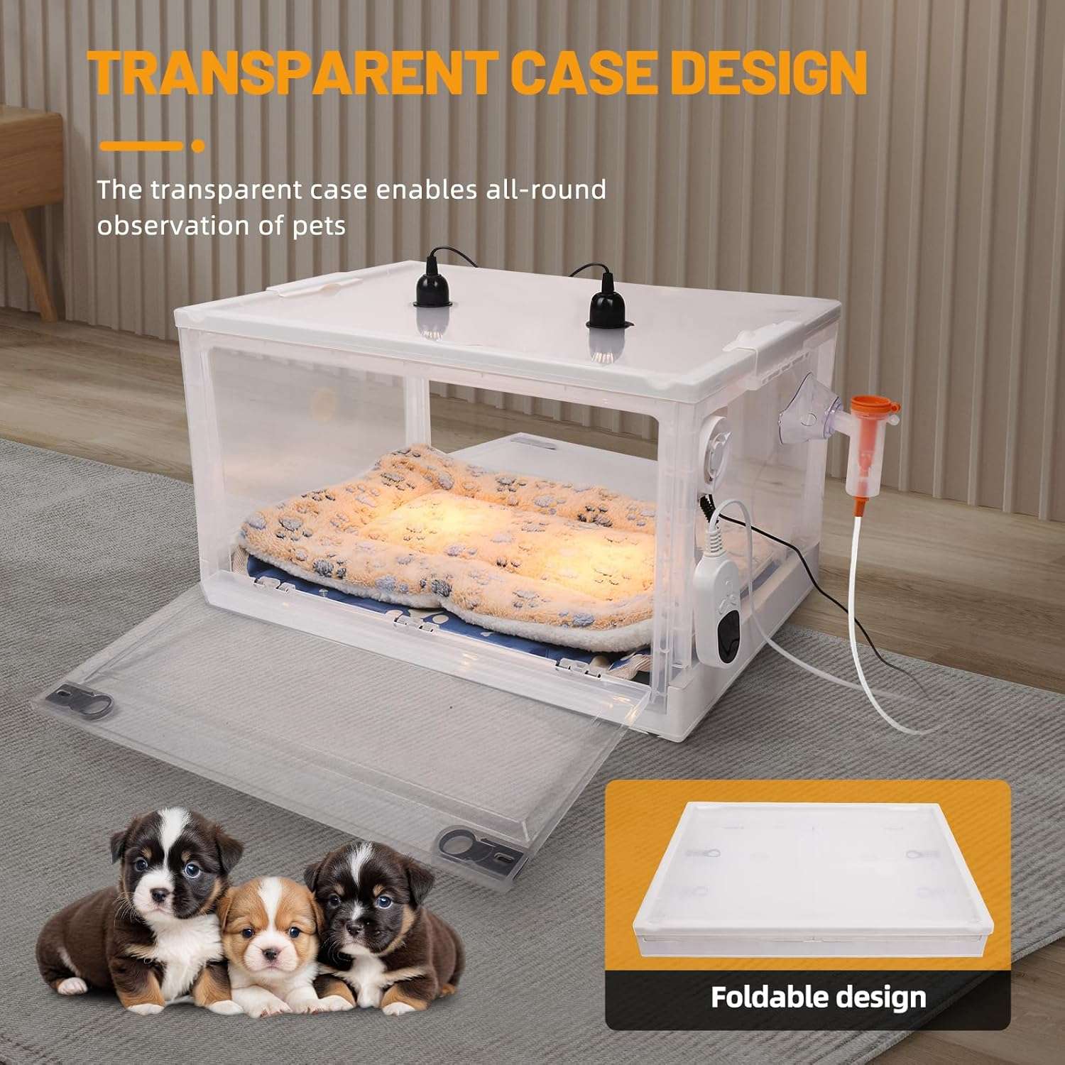 Incubadora neonatal con control de temperatura y ventilación para cachorros y gatitos.
