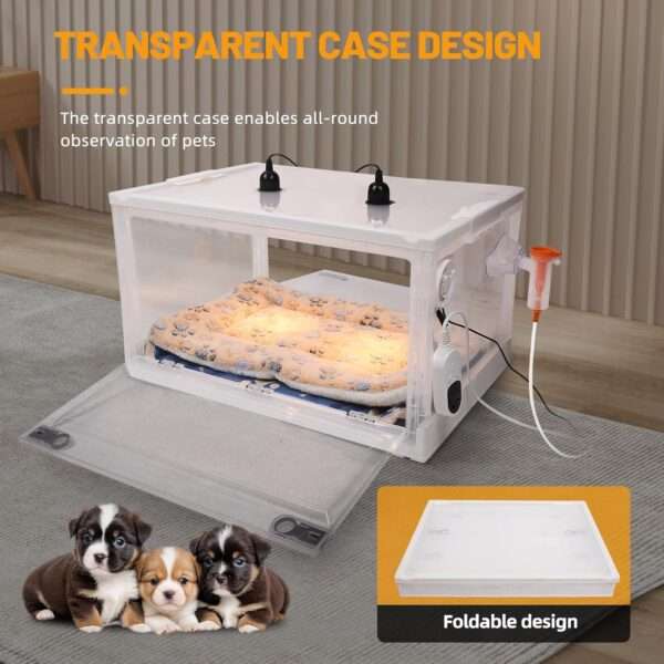 Incubadora neonatal con control de temperatura y ventilación para cachorros y gatitos.