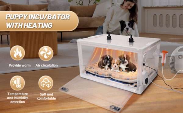 Incubadora neonatal con control de temperatura y ventilación para cachorros y gatitos.