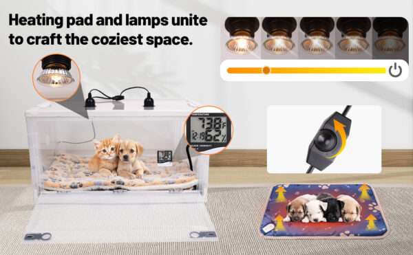 Incubadora neonatal con control de temperatura y ventilación para cachorros y gatitos.