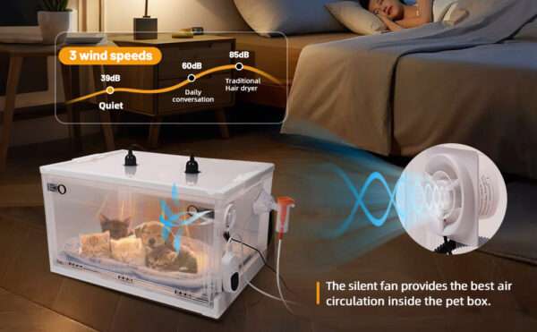 Incubadora neonatal con control de temperatura y ventilación para cachorros y gatitos.