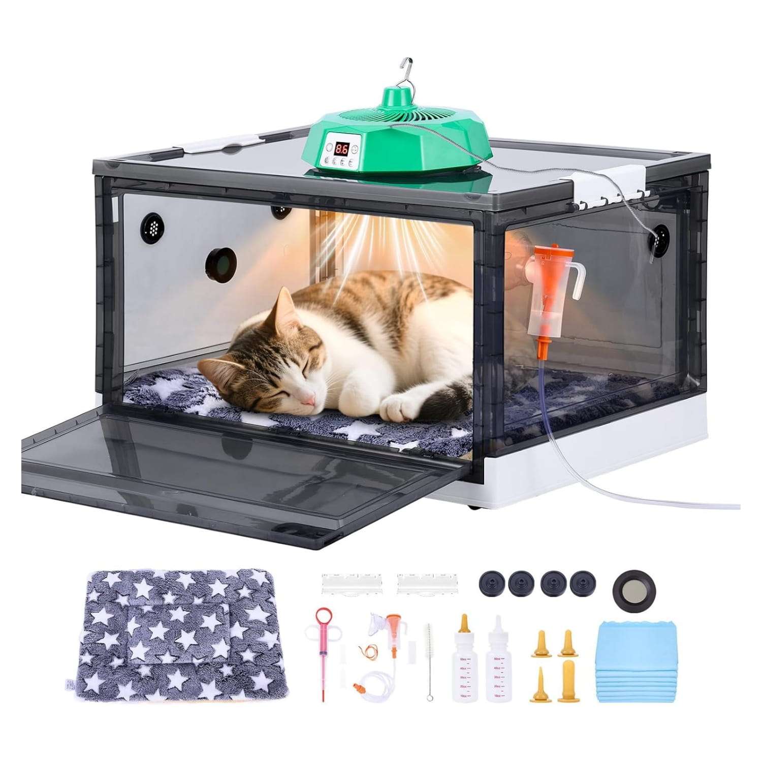 Incubadora neonatal con oxigenador y calefacción para cachorros y gatitos.