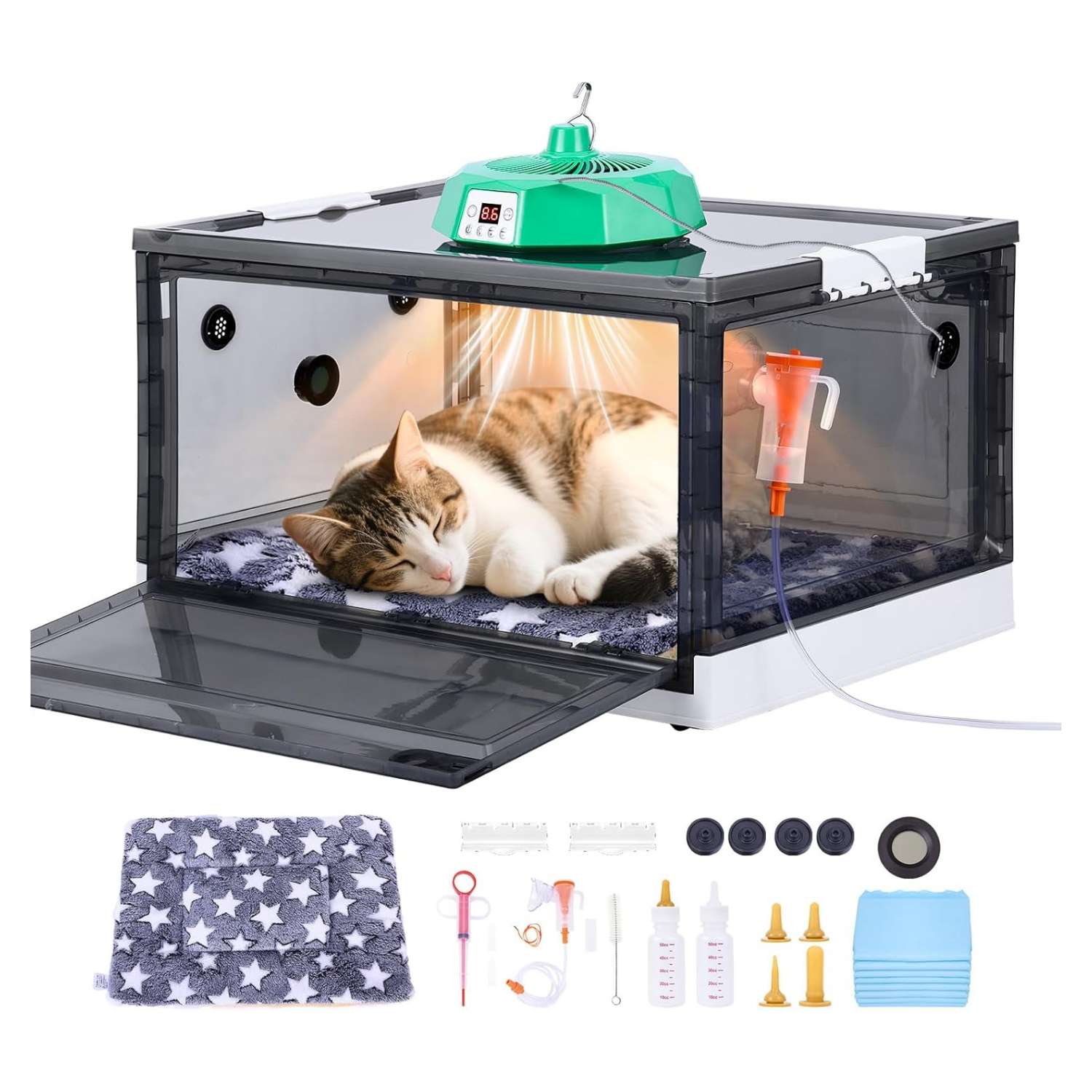 Incubadora neonatal con oxigenador y calefacción para cachorros y gatitos.