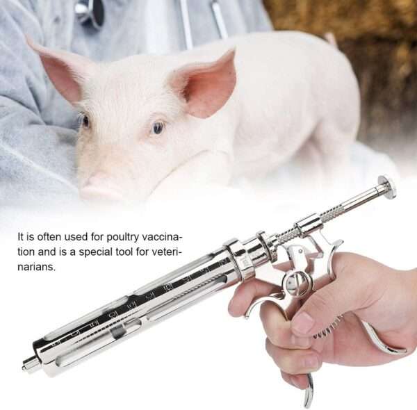 Jeringa continua veterinaria de 50 mL, semiautomática y de acero inoxidable.