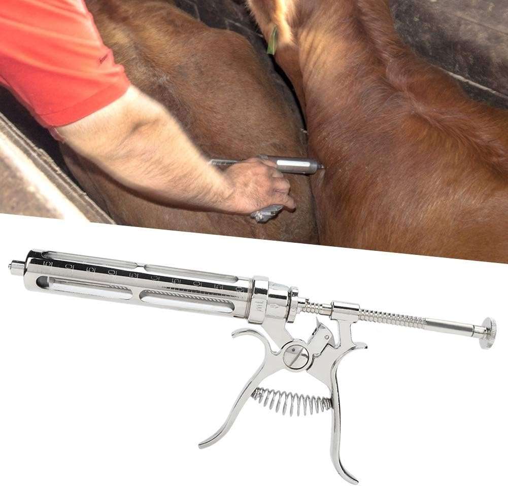 Jeringa continua veterinaria de 50 mL, semiautomática y de acero inoxidable.