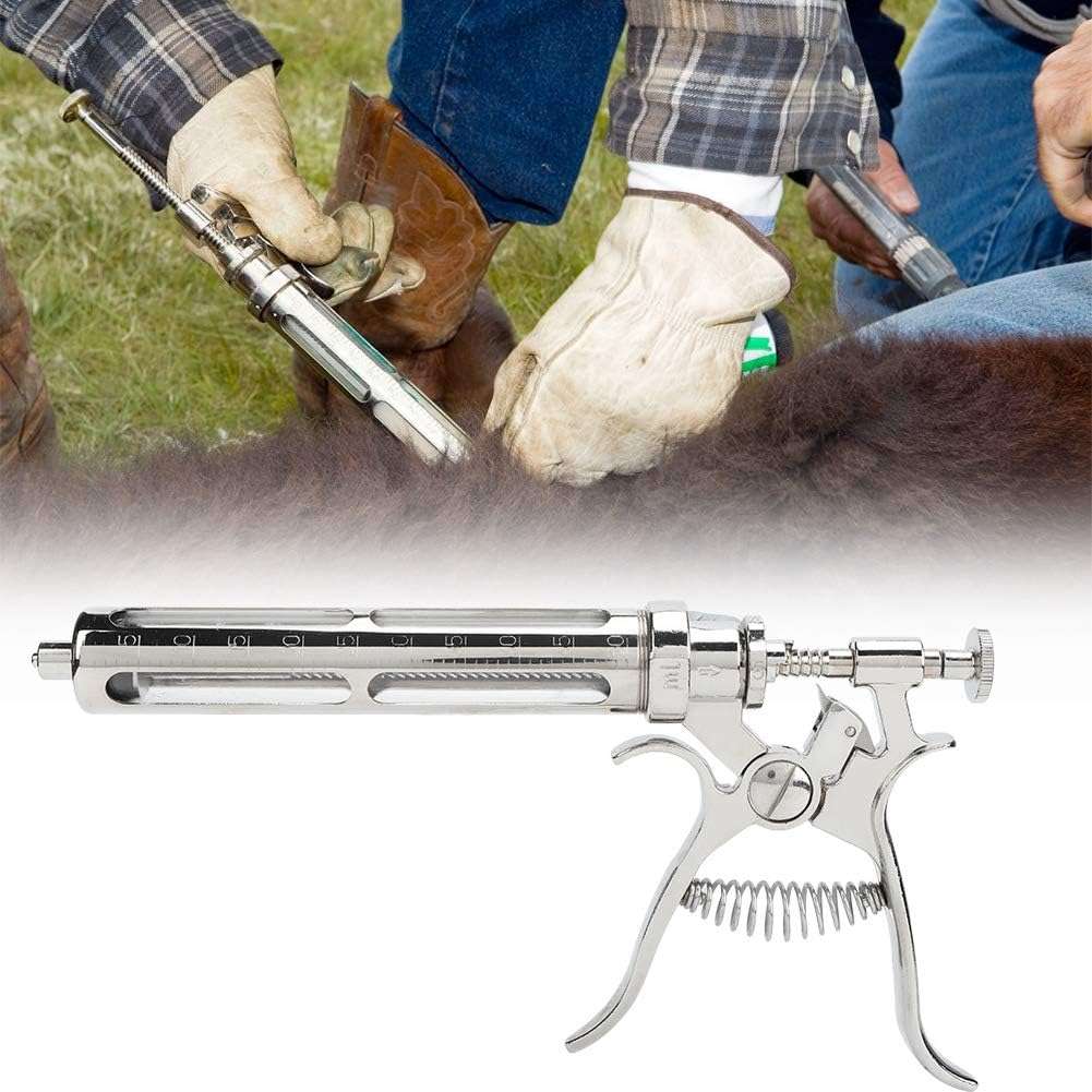 Jeringa continua veterinaria de 50 mL, semiautomática y de acero inoxidable.
