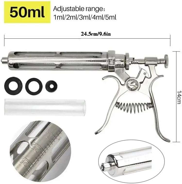 Jeringa continua veterinaria de 50 mL, semiautomática y de acero inoxidable.