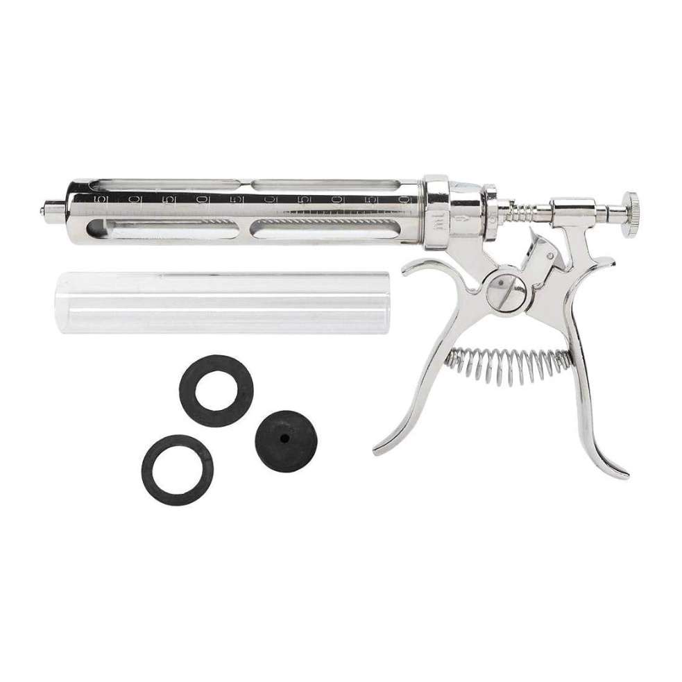 Jeringa continua veterinaria de 50 mL, semiautomática y de acero inoxidable.