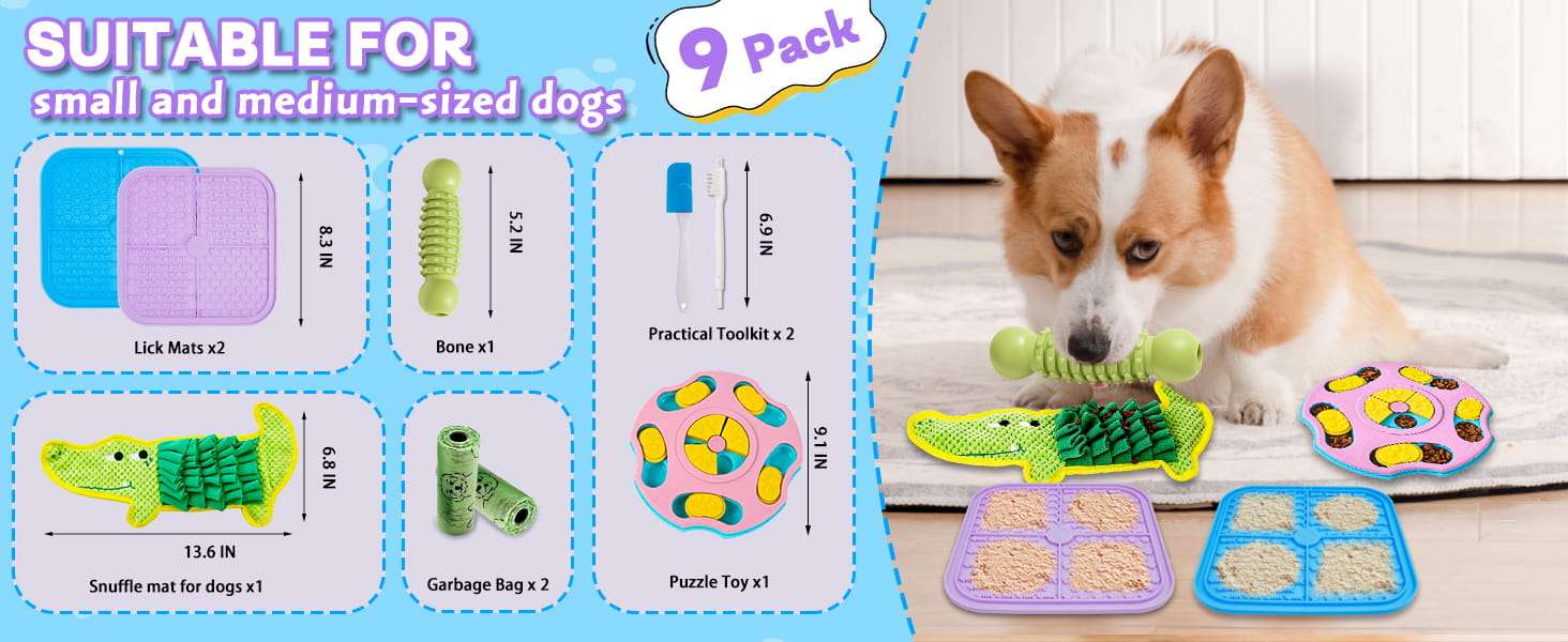 Set de 9 juguetes de rompecabezas para perros. Ideal para razas pequeñas a medianas.