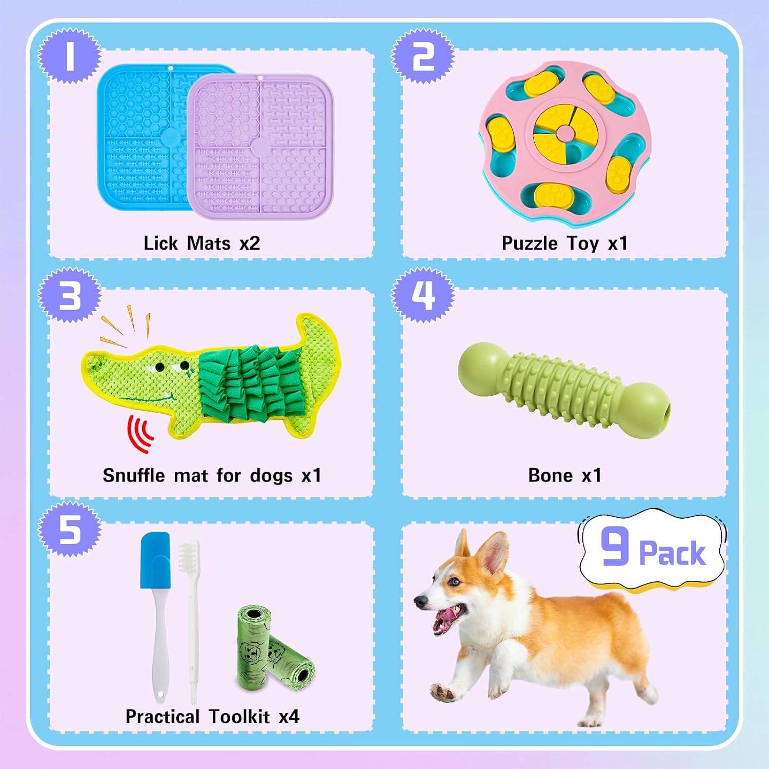 Set de 9 juguetes de rompecabezas para perros. Ideal para razas pequeñas a medianas.