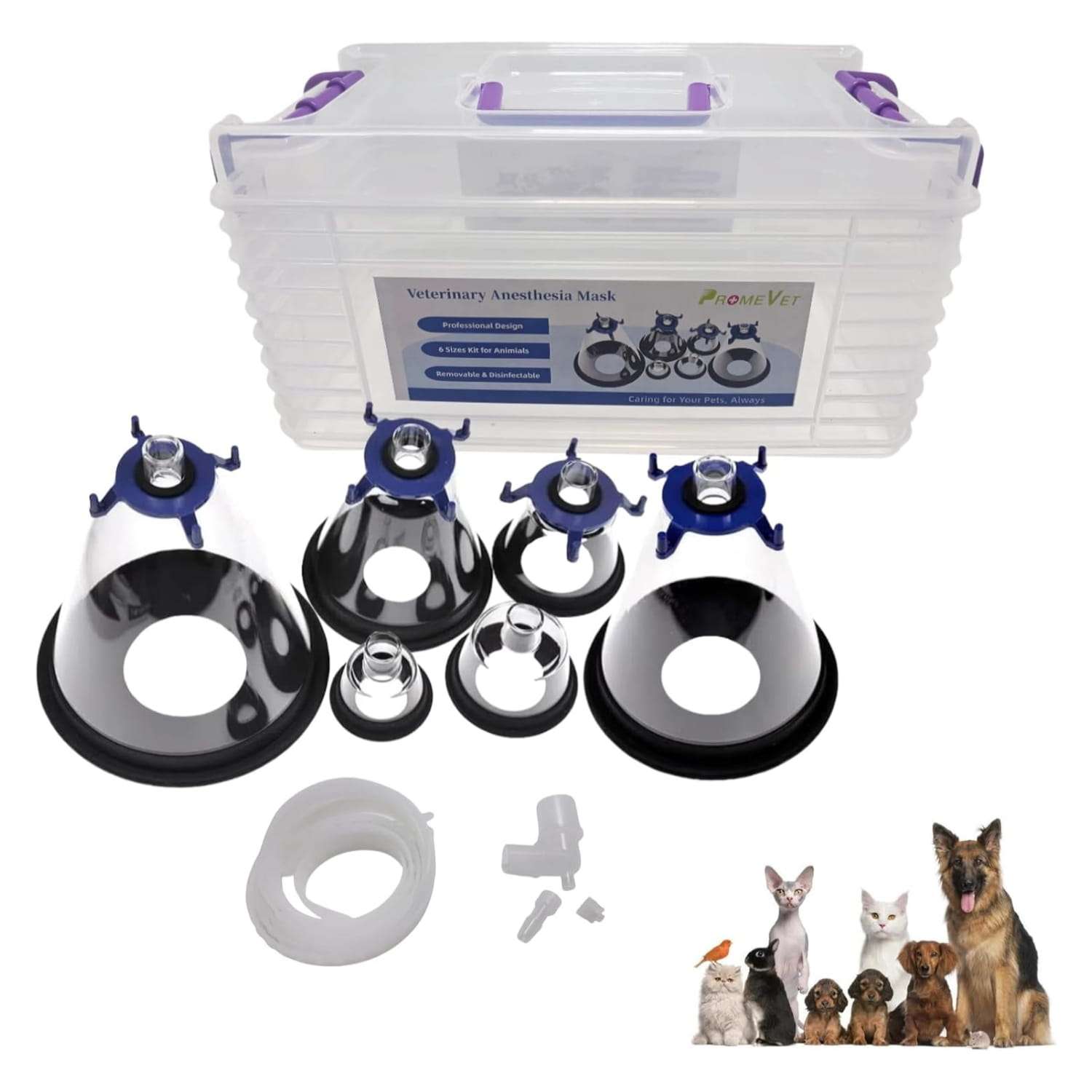 Juego de máscaras de anestesia veterinaria de 6 tamaños con estuche de transporte.