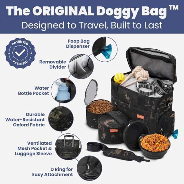 Bolsa de viaje para perros y gatos. Kit organizador con cuencos de viaje, contenedor de comida y accesorios.