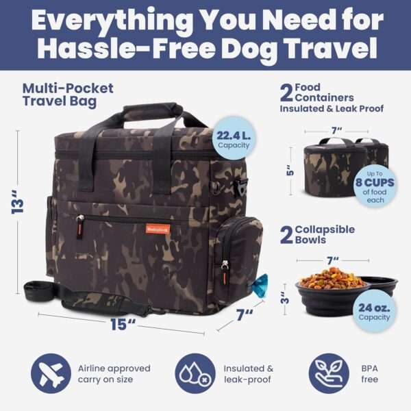 Bolsa de viaje para perros y gatos. Kit organizador con cuencos de viaje, contenedor de comida y accesorios.