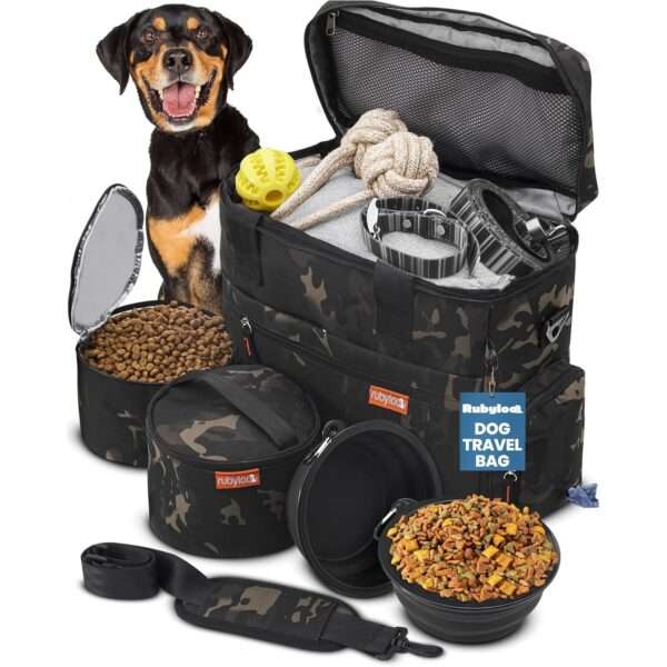 Bolsa de viaje para perros y gatos. Kit organizador con cuencos de viaje, contenedor de comida y accesorios.