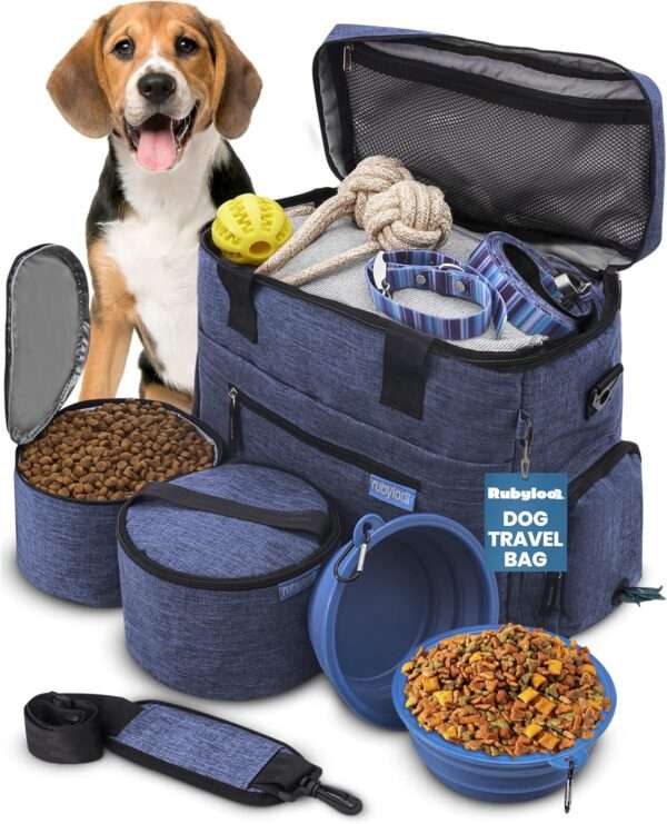Bolsa de viaje para perros y gatos. Kit organizador con cuencos de viaje, contenedor de comida y accesorios.