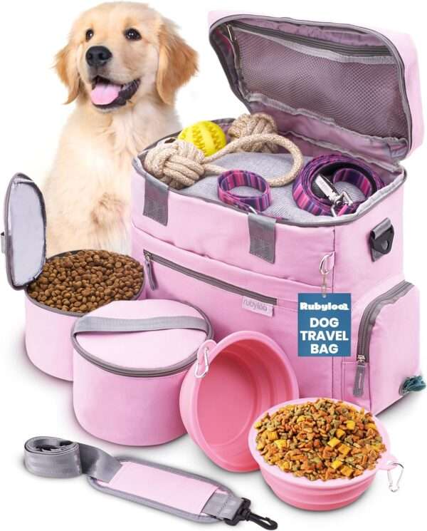 Bolsa de viaje para perros y gatos. Kit organizador con cuencos de viaje, contenedor de comida y accesorios.