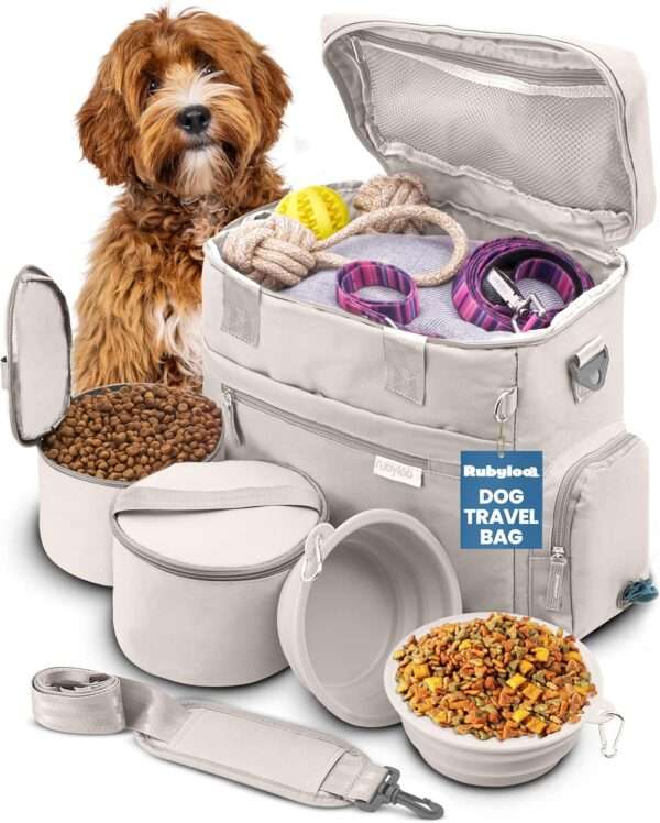Bolsa de viaje para perros y gatos. Kit organizador con cuencos de viaje, contenedor de comida y accesorios.