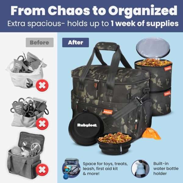 Bolsa de viaje para perros y gatos. Kit organizador con cuencos de viaje, contenedor de comida y accesorios.