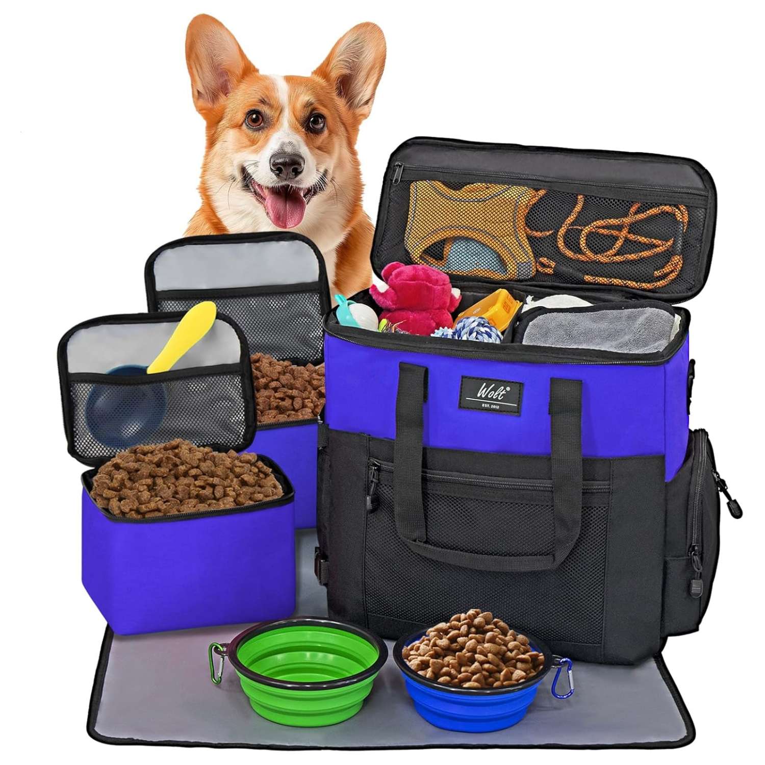 Bolsa de viaje para perros y gatos. Kit organizador con cuencos plegables y contenedores de comida.