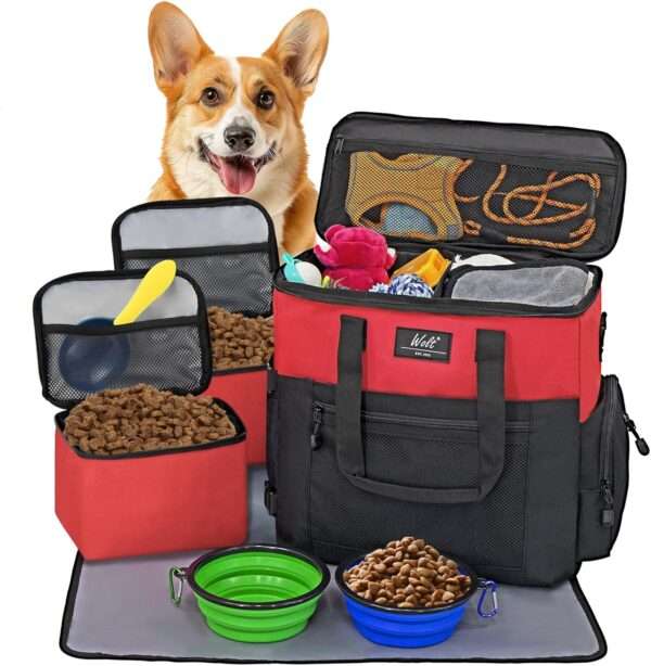 Bolsa de viaje para perros y gatos. Kit organizador con cuencos plegables y contenedores de comida.