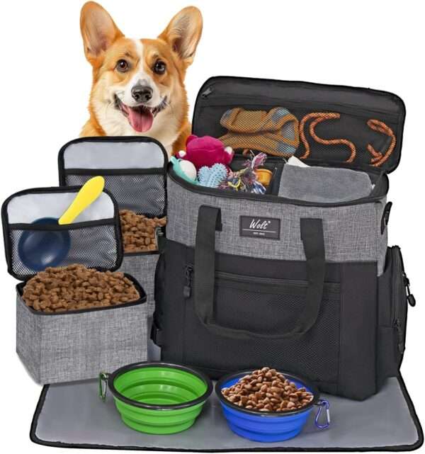 Bolsa de viaje para perros y gatos. Kit organizador con cuencos plegables y contenedores de comida.