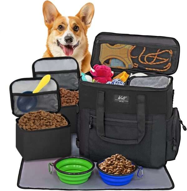 Bolsa de viaje para perros y gatos. Kit organizador con cuencos plegables y contenedores de comida.