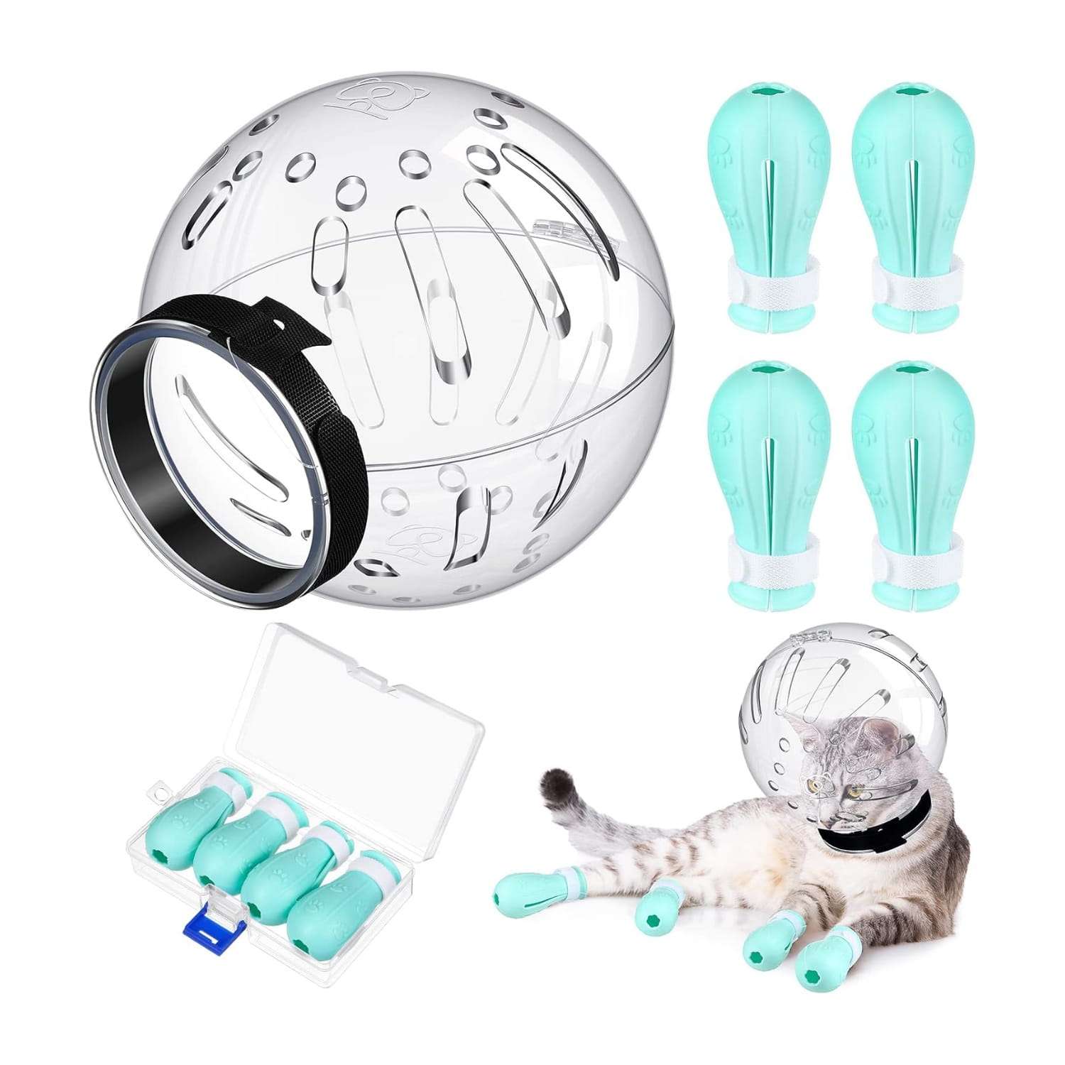 Bozal de gato y protectores de patas de silicona para aseo.