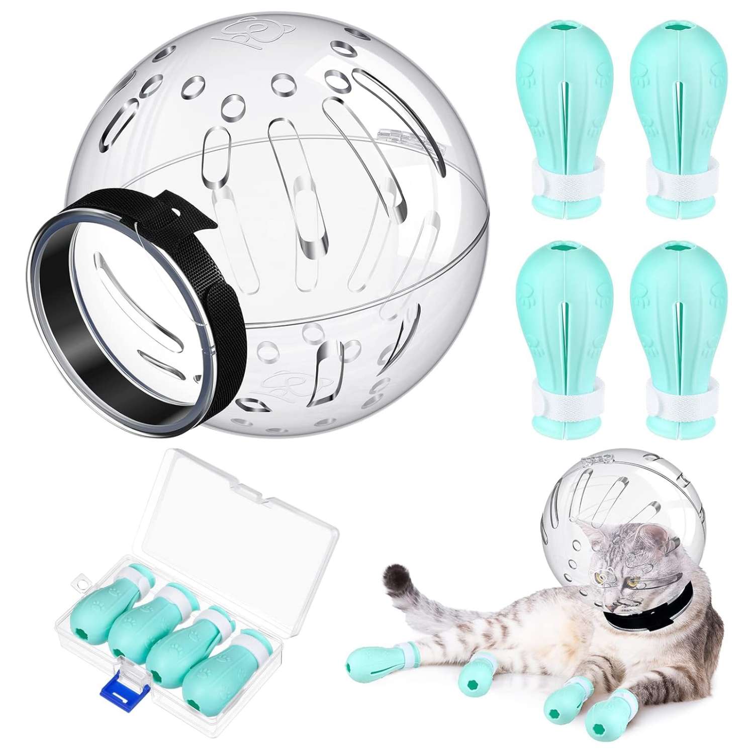 Bozal de gato y protectores de patas de silicona para aseo.