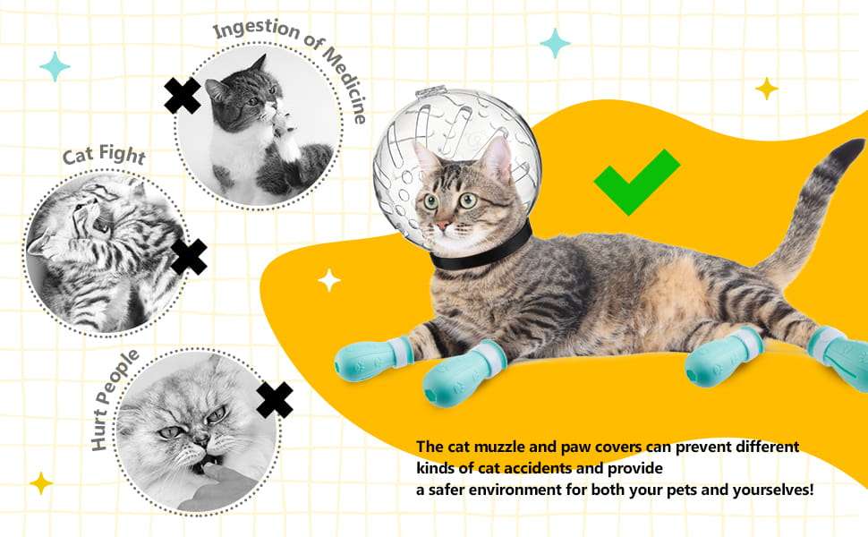 Bozal de gato y protectores de patas de silicona para aseo.