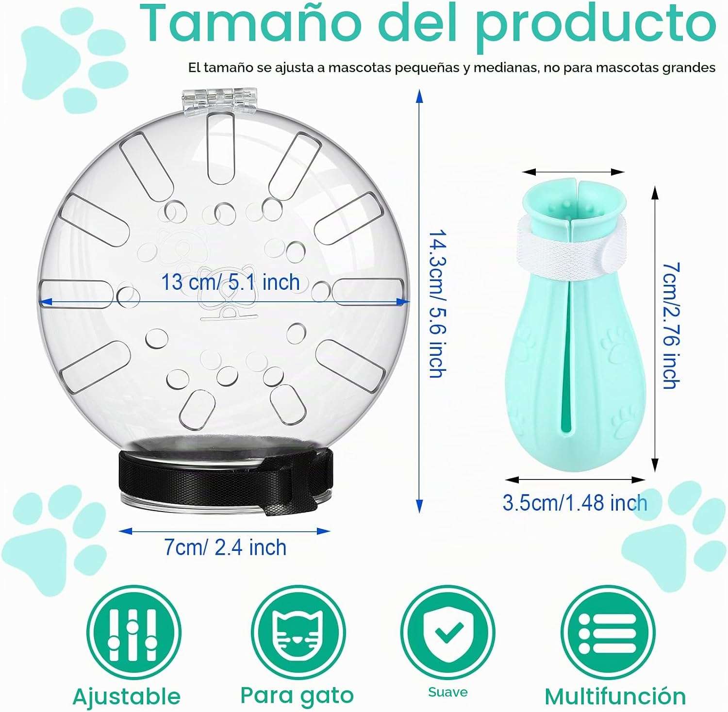 Bozal de gato y protectores de patas de silicona para aseo.