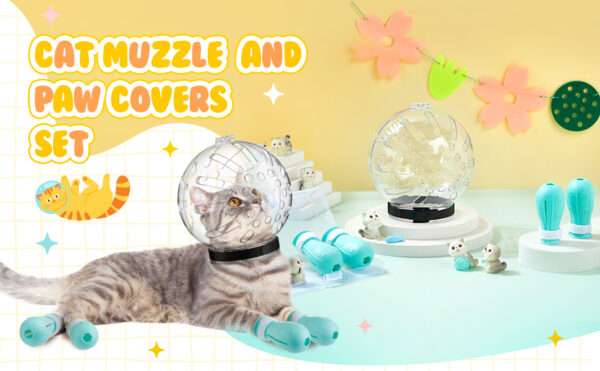 Bozal de gato y protectores de patas de silicona para aseo.