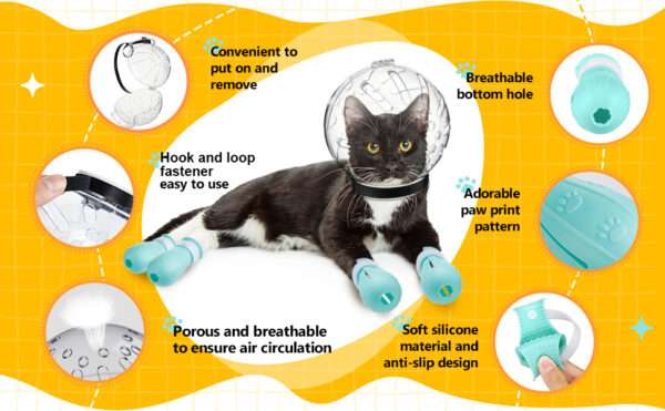 Bozal de gato y protectores de patas de silicona para aseo.