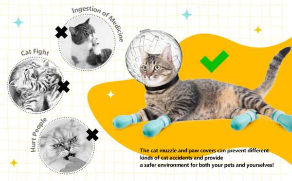 Bozal de gato y protectores de patas de silicona para aseo.