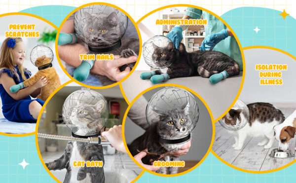 Bozal de gato y protectores de patas de silicona para aseo.