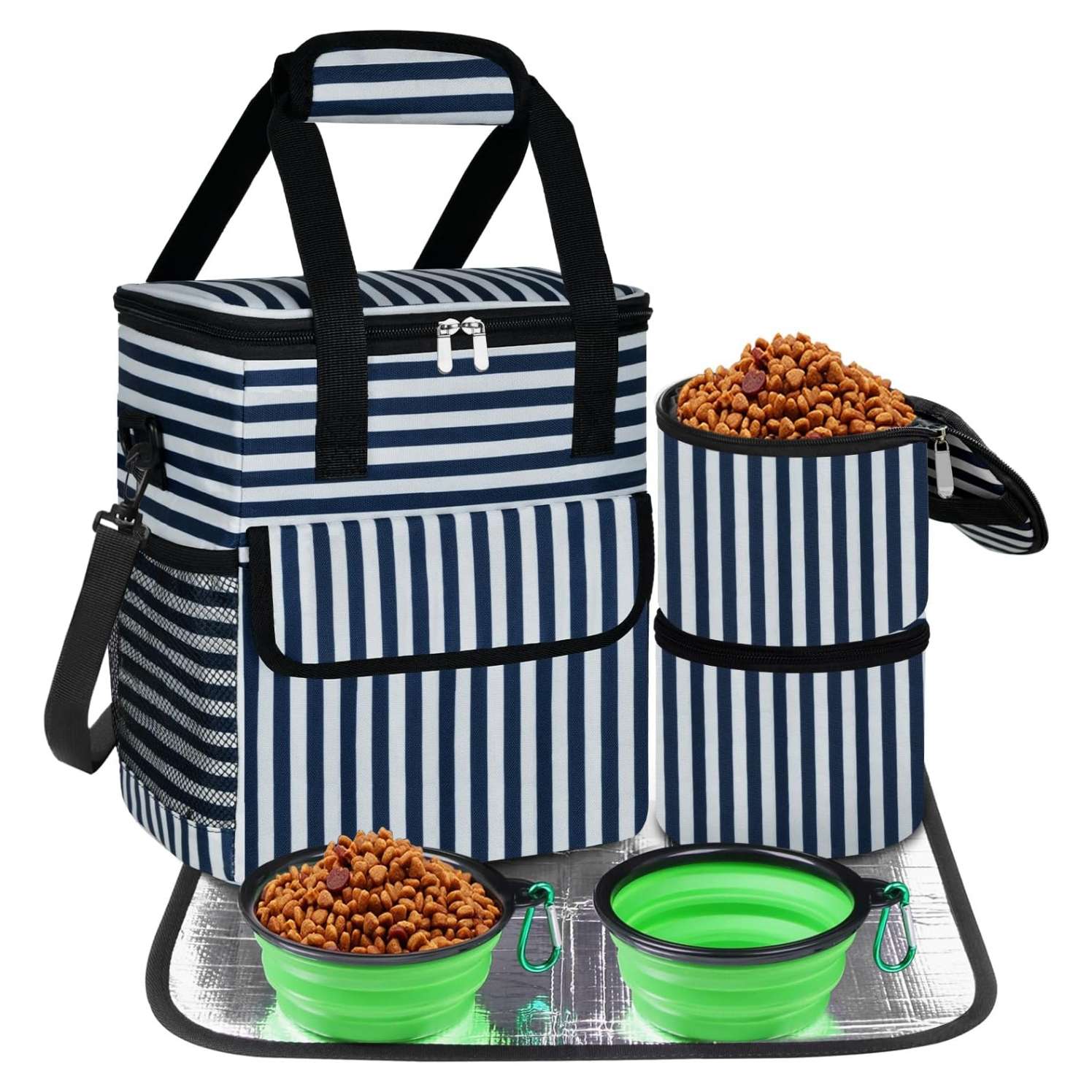 Bolsa de viaje para perros y gatos. Kit de camping con cuencos plegables, contenedores de alimentos y tapete.