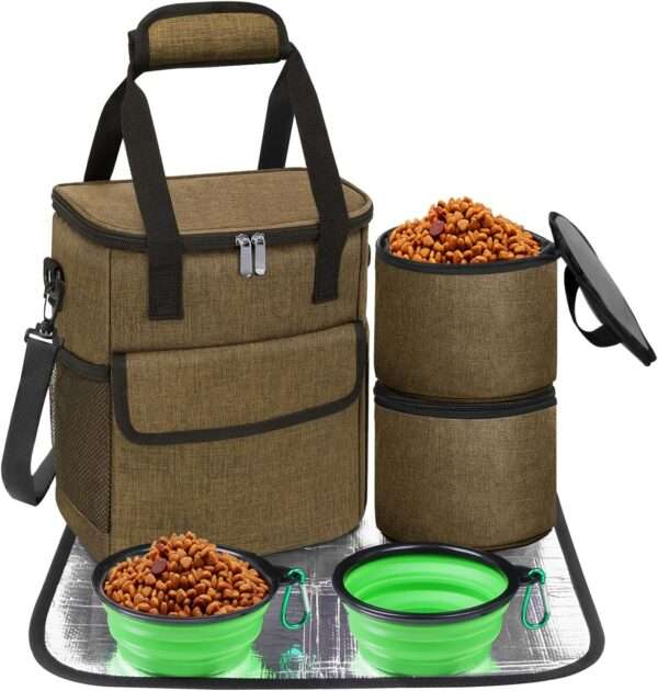 Bolsa de viaje para perros y gatos. Kit de camping con cuencos plegables, contenedores de alimentos y tapete.
