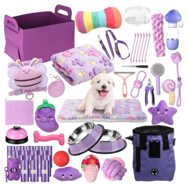 Kit de iniciación de 50 piezas para cachorros. Incluye accesorios esenciales para perros pequeños, listo para usar.